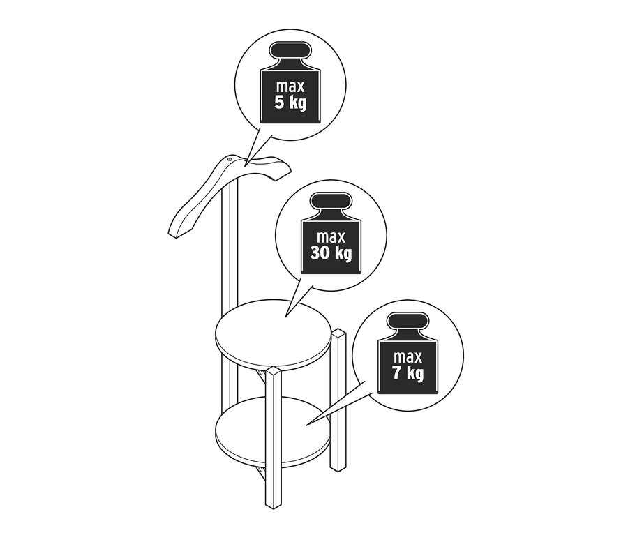 Czarno-biały rysunek wieszaka stojącego na ubrania z dwiema okrągłymi półkami i wieszakiem. Etykiety wskazują maksymalną nośność półek i wieszaka.