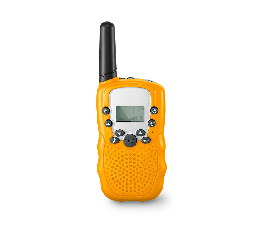 Żółte walkie-talkie, 2 sztuki, z czarną anteną.
