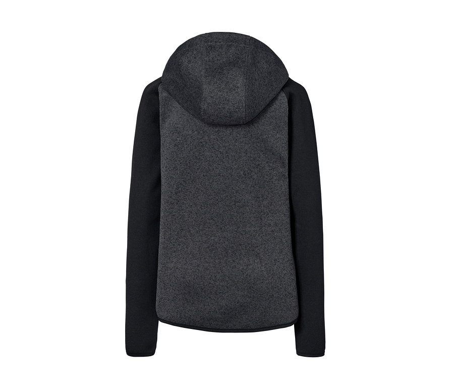 Szczegółowy widok z tyłu antracytowo-czarnej rozpinanej bluzy z dzianiny polarowej z kapturem.