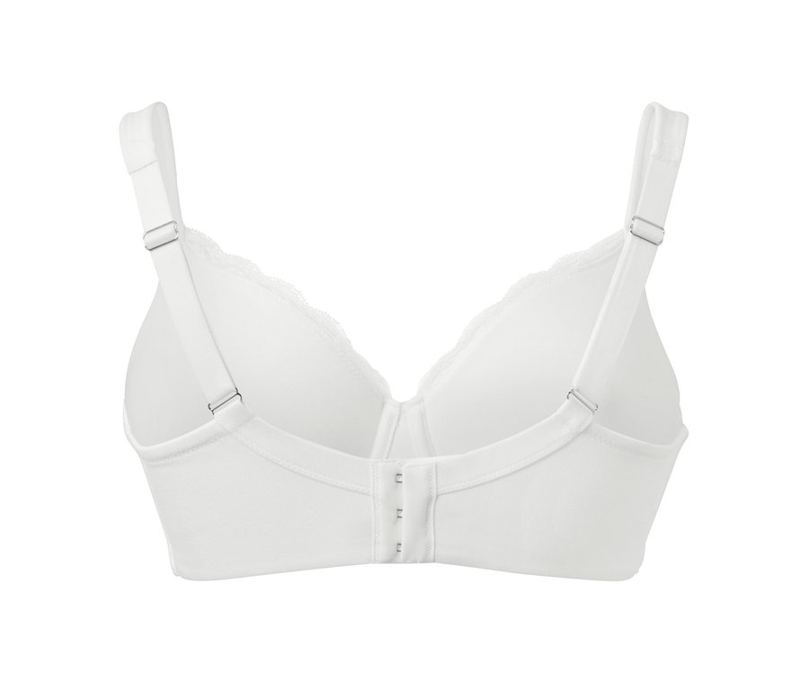 Szczegółowy widok z tyłu białego biustonosza z fiszbinami.