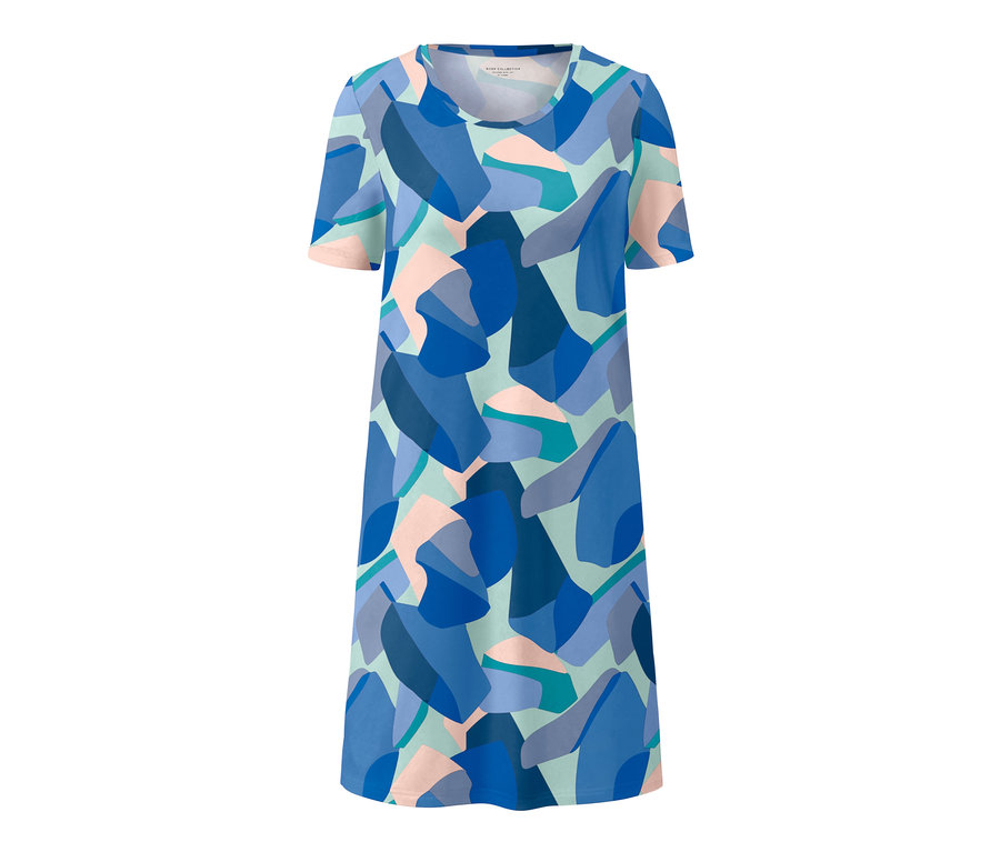 Koszula nocna z niebieskim, różowym i zielonym geometrycznym wzorem.