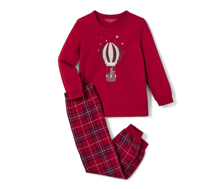 Czerwona piżama dziecięca „Balon”, świecąca w ciemności. Na piżamie znajduje się grafika z balonem.