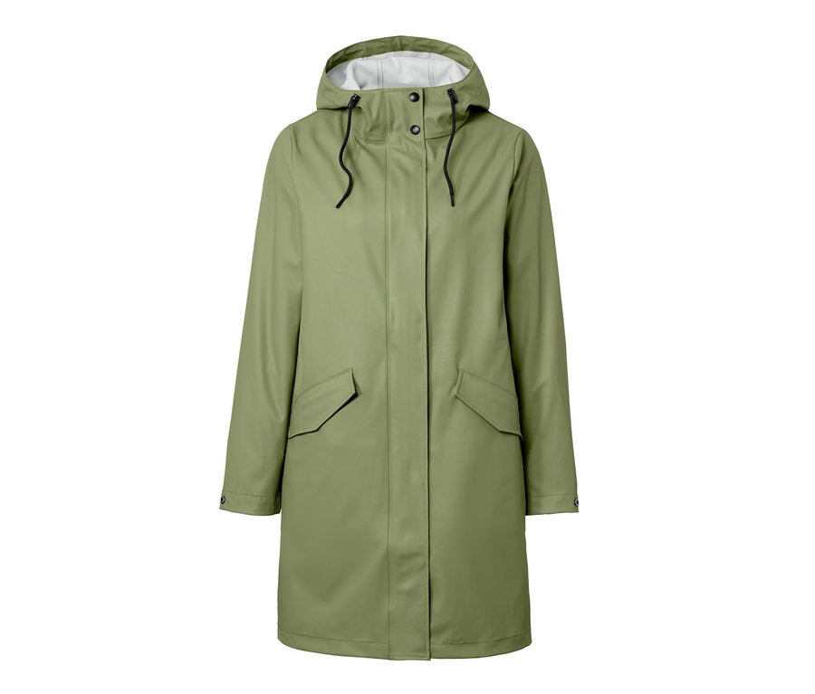 Zielona parka przeciwdeszczowa w stylu rybackim z kapturem.