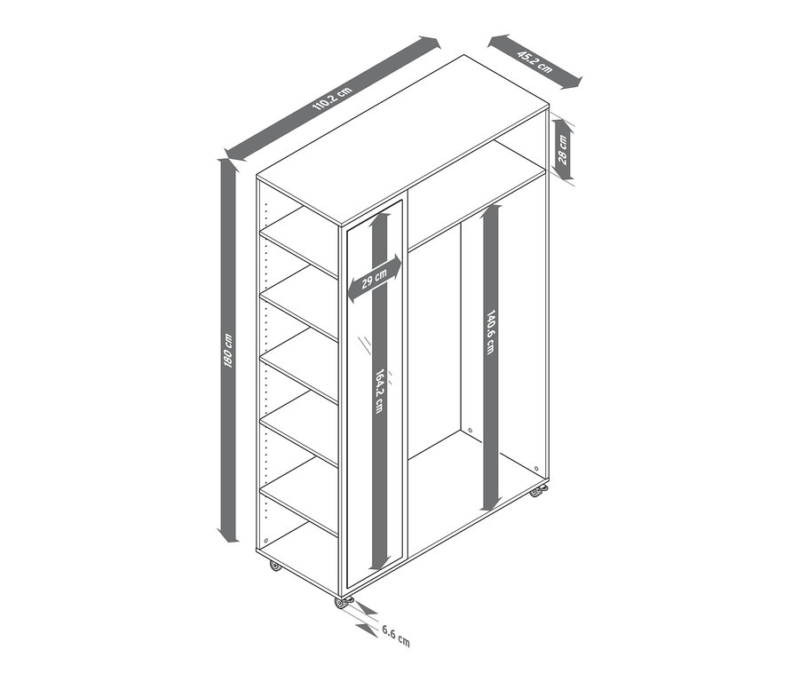 Rysunek wieszaka na kółkach z szafą i lustrem z wymiarami.