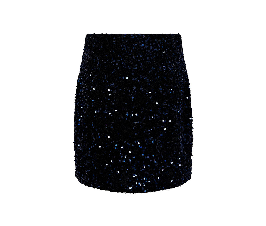 Niebieska spódnica z cekinami.