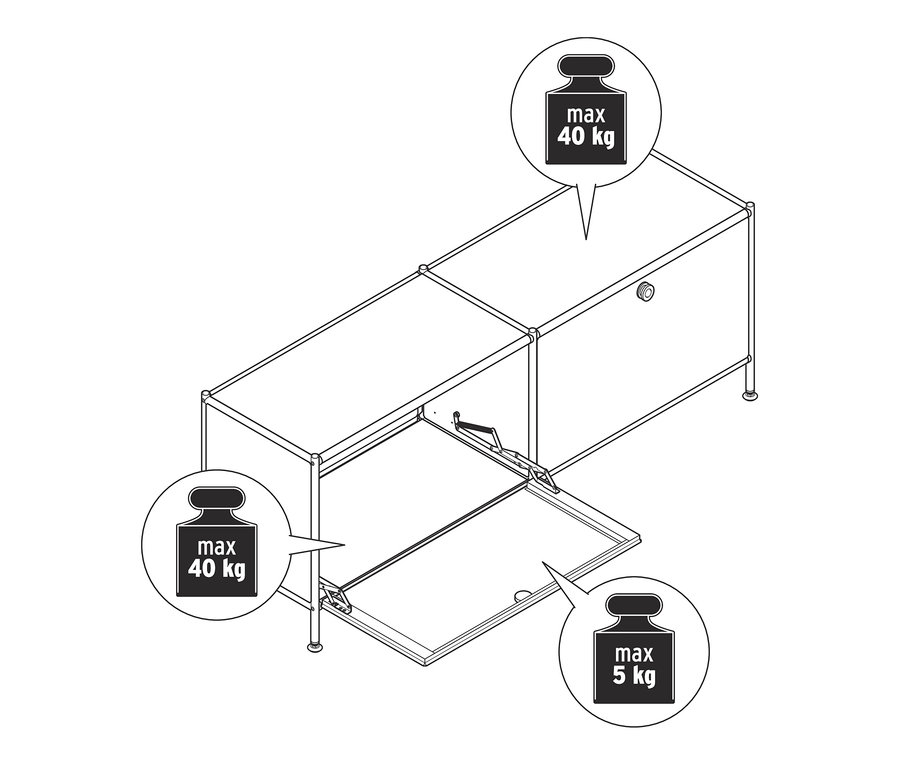 Metalowa niska szafka „CN3” z 2 klapami, jedna otwarta. Maksymalne obciążenie górnej części 40 kg, wnętrza 5 kg.