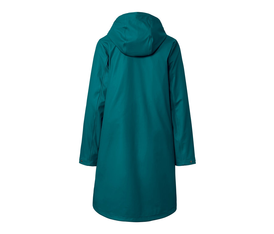 Widok z tyłu długiego, petrolblau płaszcza przeciwdeszczowego z kapturem.