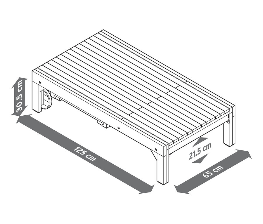 Szkic rozkładanej leżanki z wymiarami.