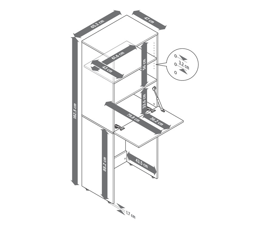 Schemat szafki na pralkę z rozkładanym blatem i wymiarami.