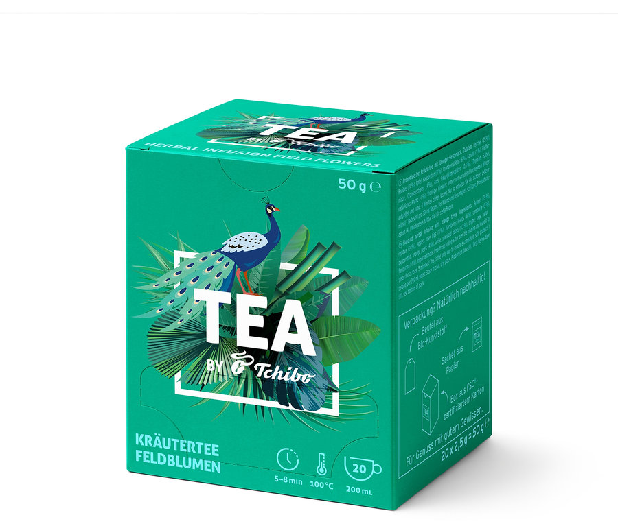 Zielone opakowanie herbaty ziołowej TEA by Tchibo kwiaty polne - 8x 20 torebek z motywem pawia.