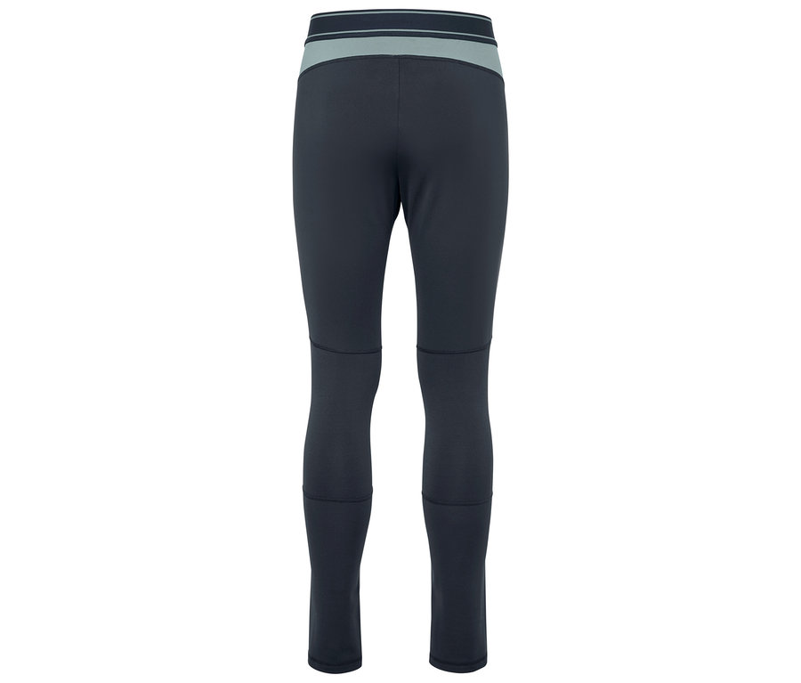 Czarne legginsy z szarym pasem, widok z tyłu.