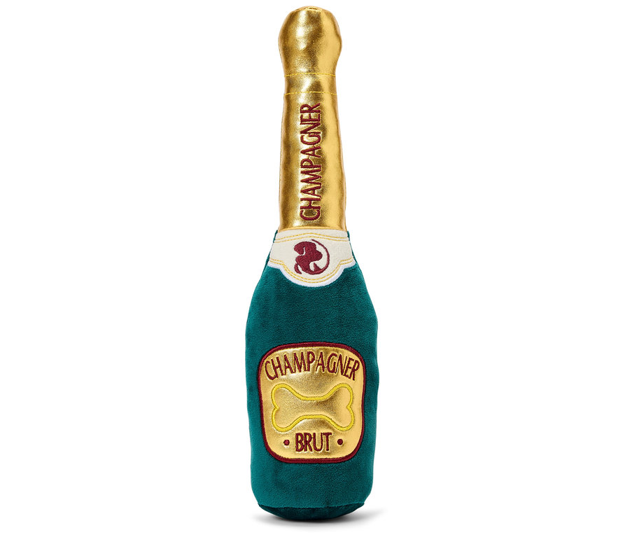 Pluszowa zabawka dla psa w kształcie butelki szampana.
