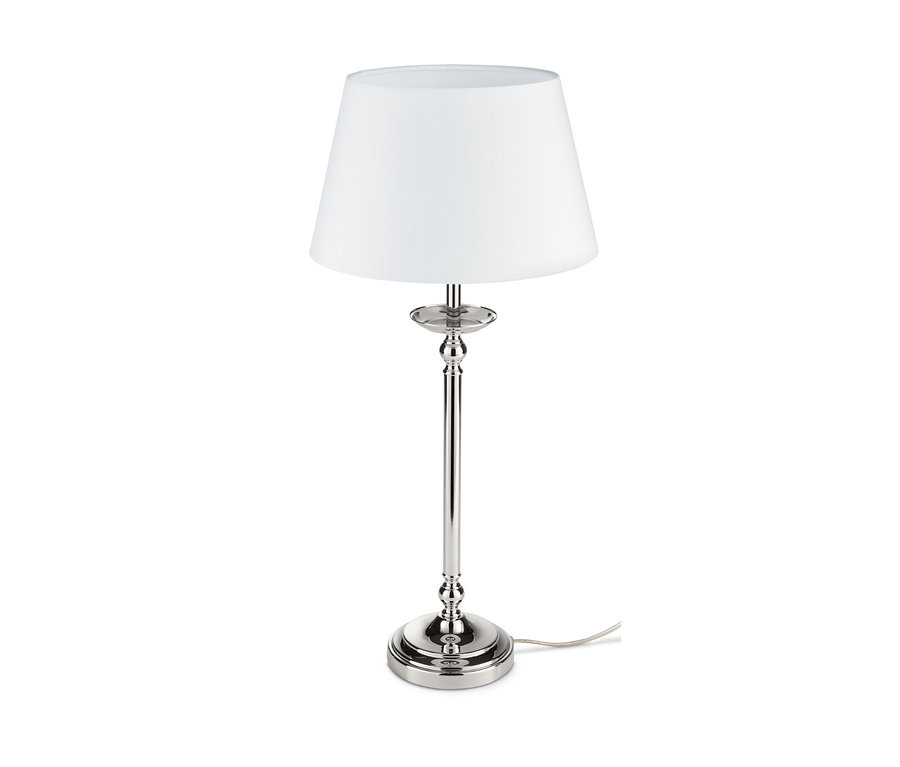 Lampa stołowa z kloszem z tkaniny.