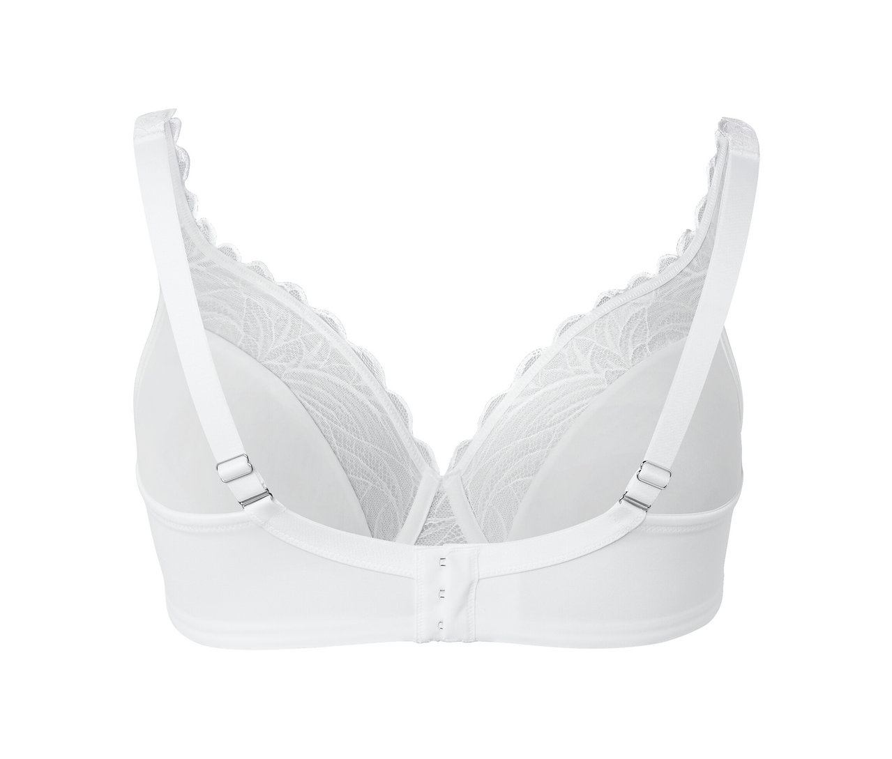 Szczegółowy widok z tyłu białego biustonosza z fiszbinami.