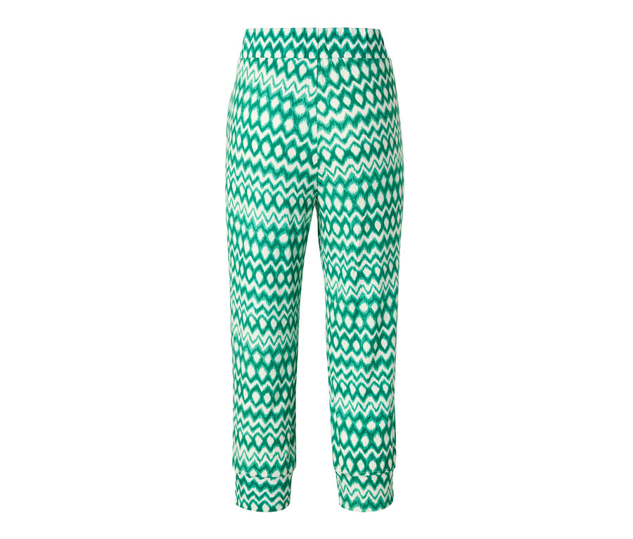 Wzorzyste spodnie dżersejowe o długości 3/4.