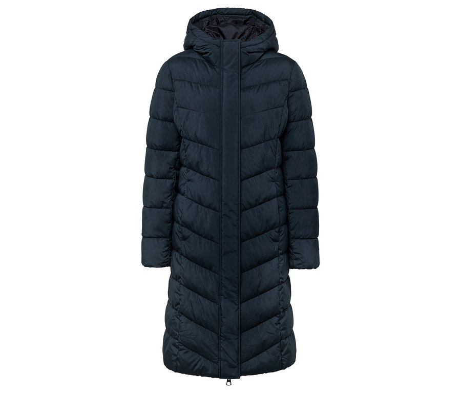 Granatowa, pikowana kurtka z kapturem.