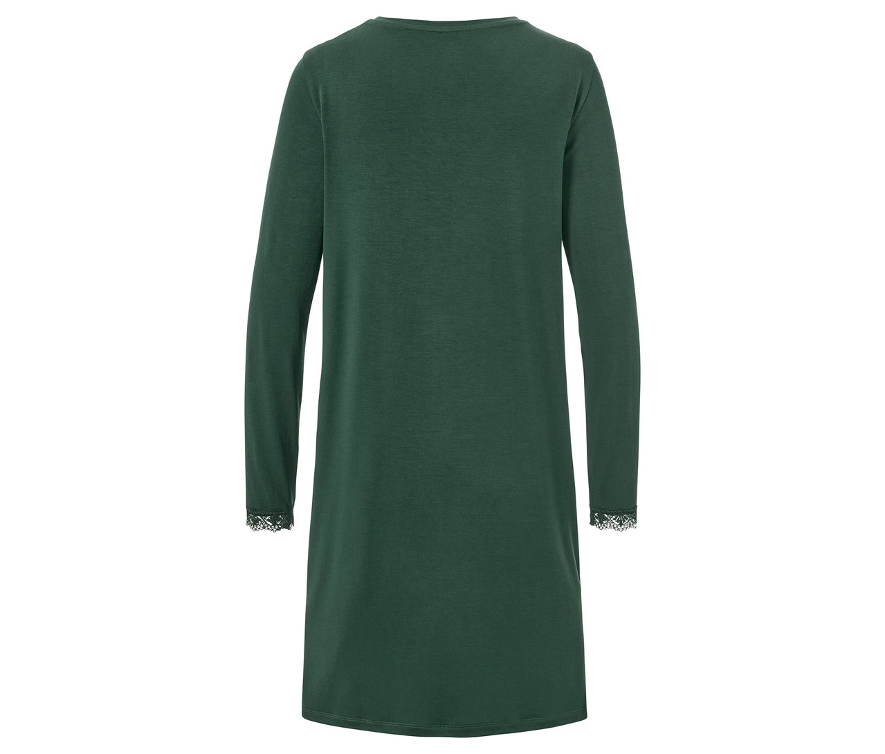 Widok z tyłu zielonej koszuli nocnej z długimi rękawami i koronkowym wykończeniem mankietów.