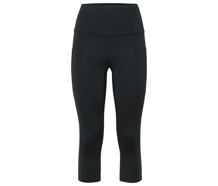 Czarne sportowe legginsy do kolan z kieszeniami po bokach.