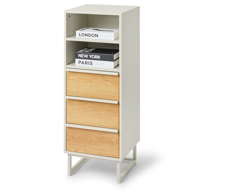 Komoda „LEEG” z 3 szufladami na białym tle.