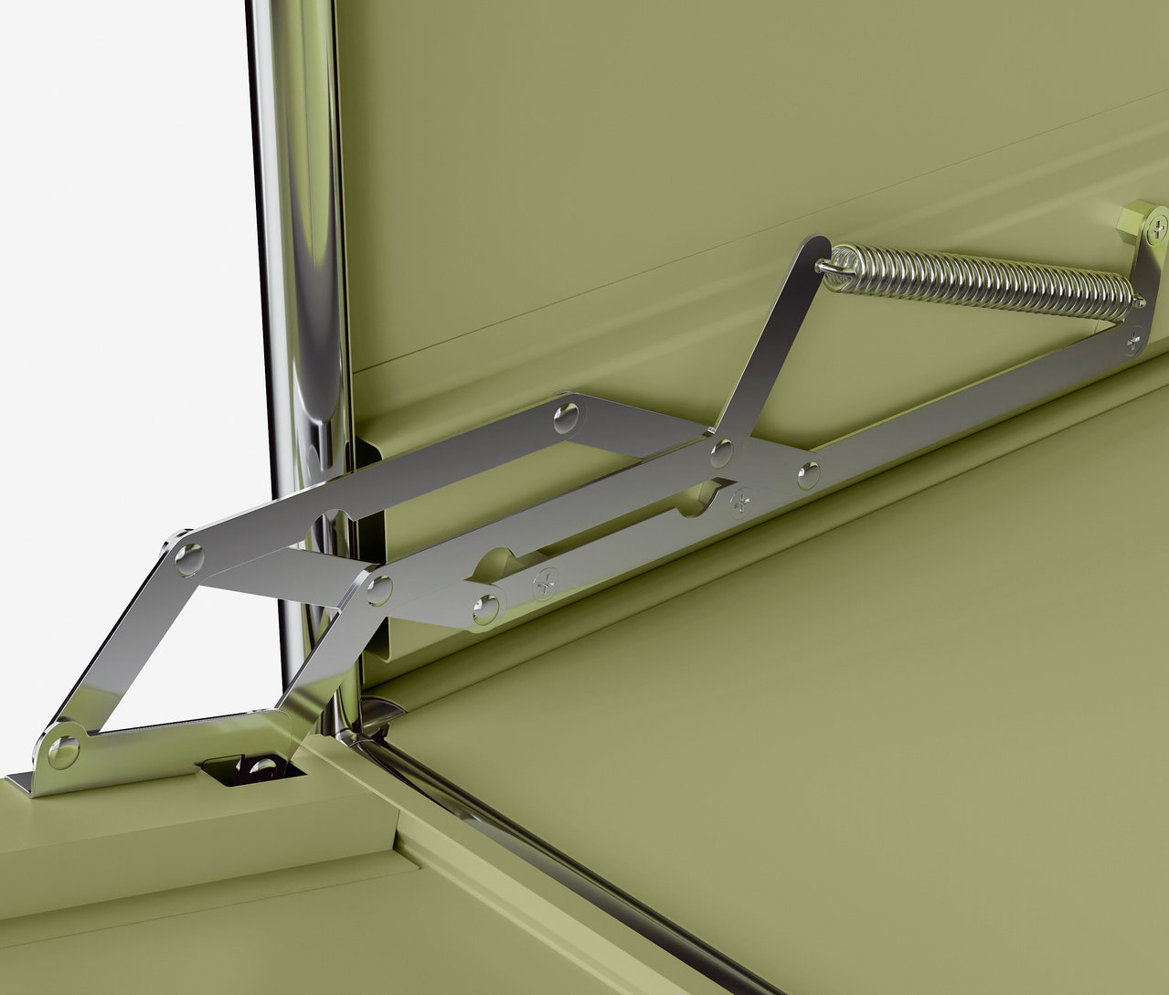 Szczegół wnętrza otwartej metalowej szafki z mechanizmem zawiasu sprężynowego.