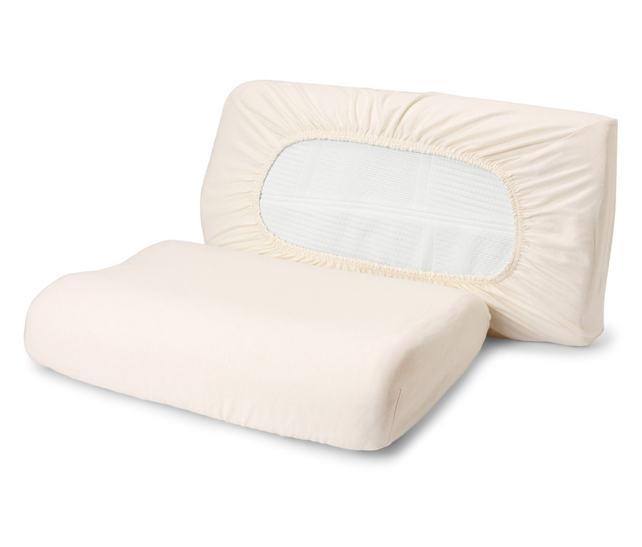 Dwie poszewki na poduszki na szyję z dżerseju, w kolorze złamanej bieli.