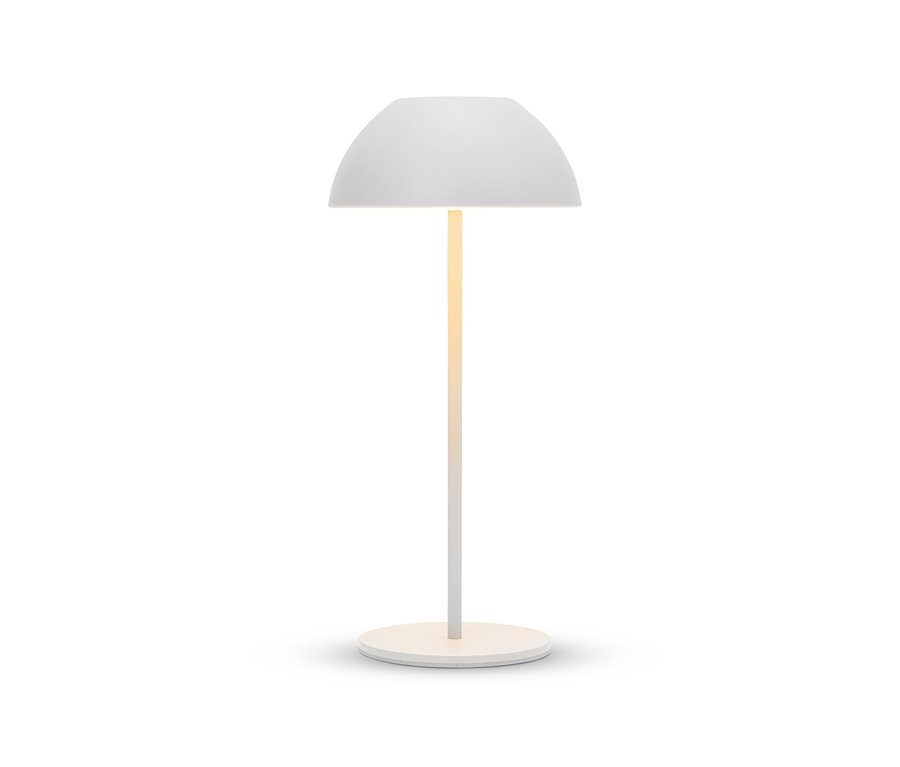 Biała lampa z okrągłym kloszem i podstawą na białym tle.