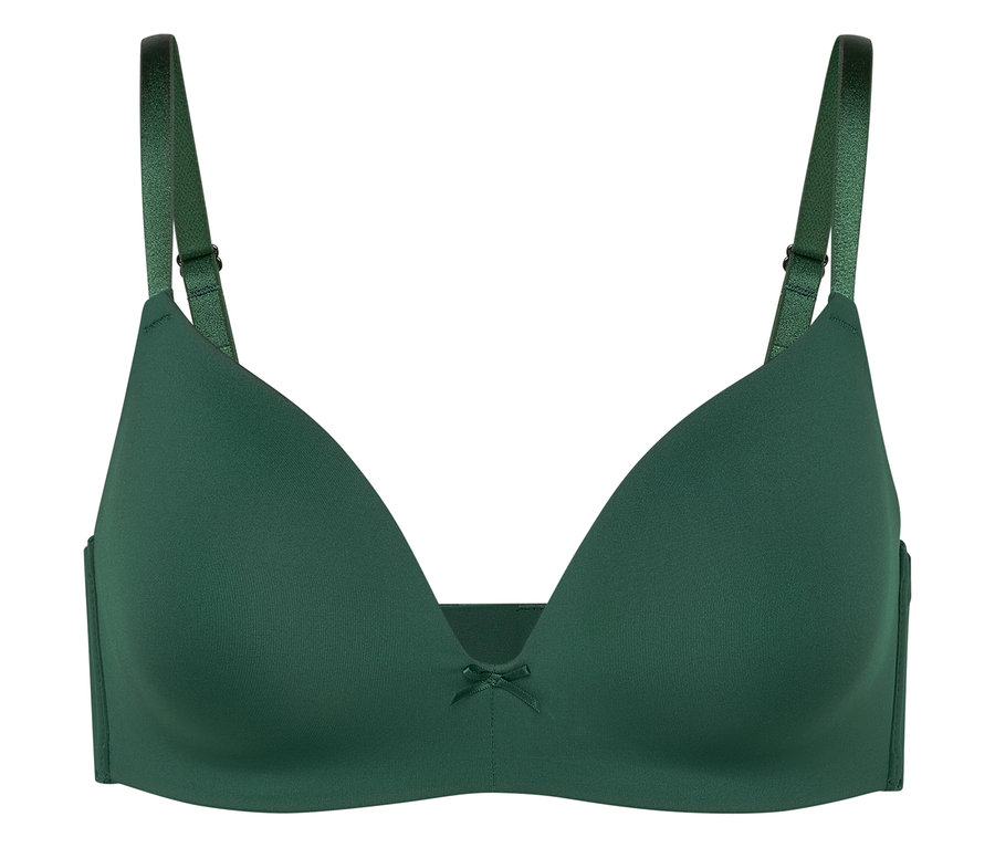 Zielony biustonosz z fiszbinami i kokardką na środku.