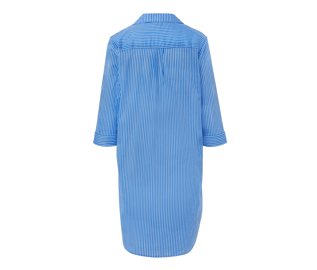 Niebiesko-biała koszula nocna z tkaniny w paski, widziana od tyłu.