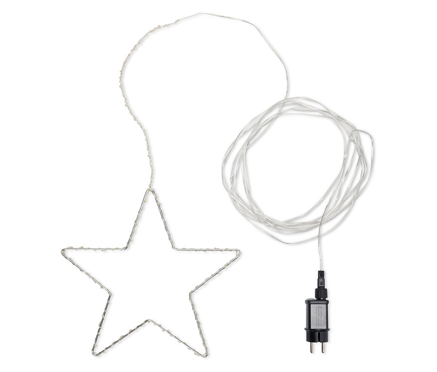 Świecąca gwiazda z kablem zasilającym i adapterem.
