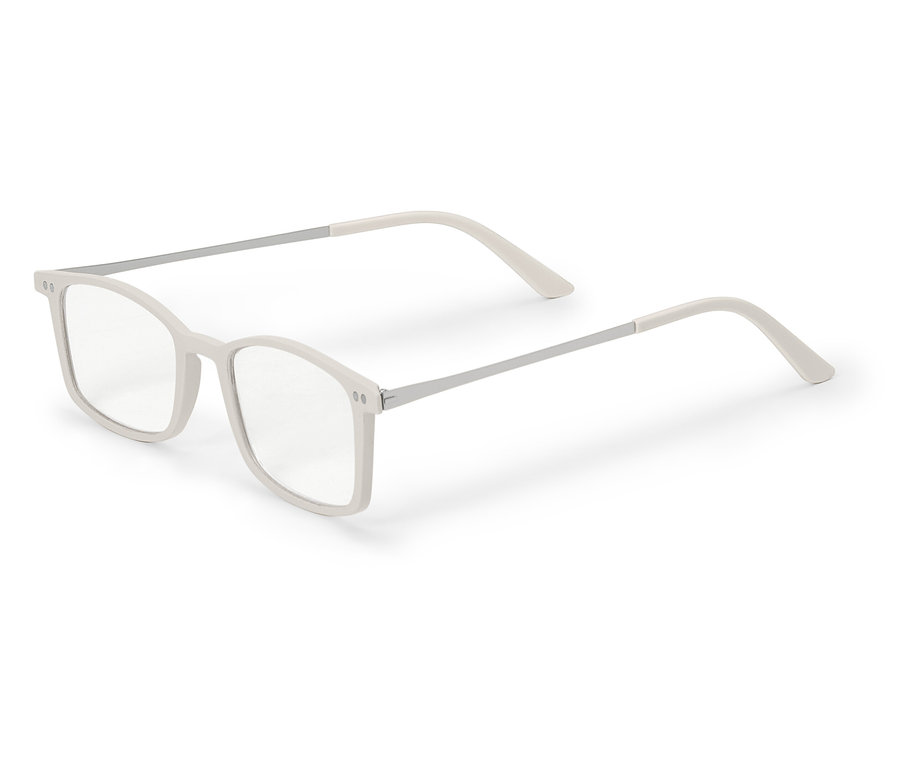 Białe okulary z prostokątnymi szkłami na białym tle.