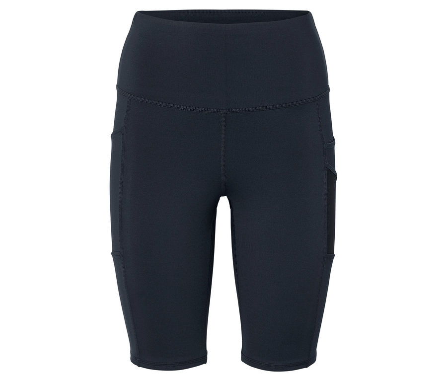 Czarne legginsy do kolan z wysokim stanem i kieszeniami na udach.