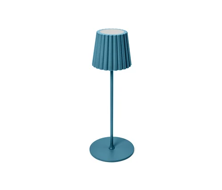 Niebieska akumulatorowa lampa stołowa LED do użytku na zewnątrz.