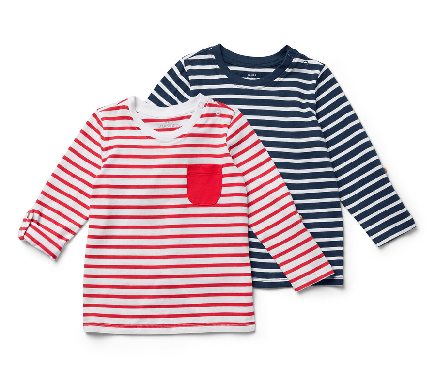 Dwie koszulki z długim rękawem: jedna czerwono-biała w paski z kieszonką, a druga granatowo-biała w paski.