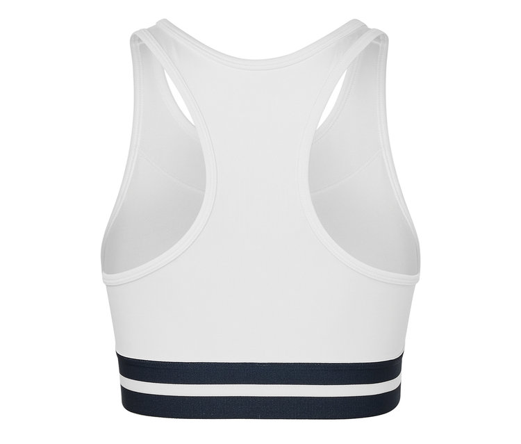 Szczegółowy widok z tyłu białej sportowej braletki „Crop Top”.