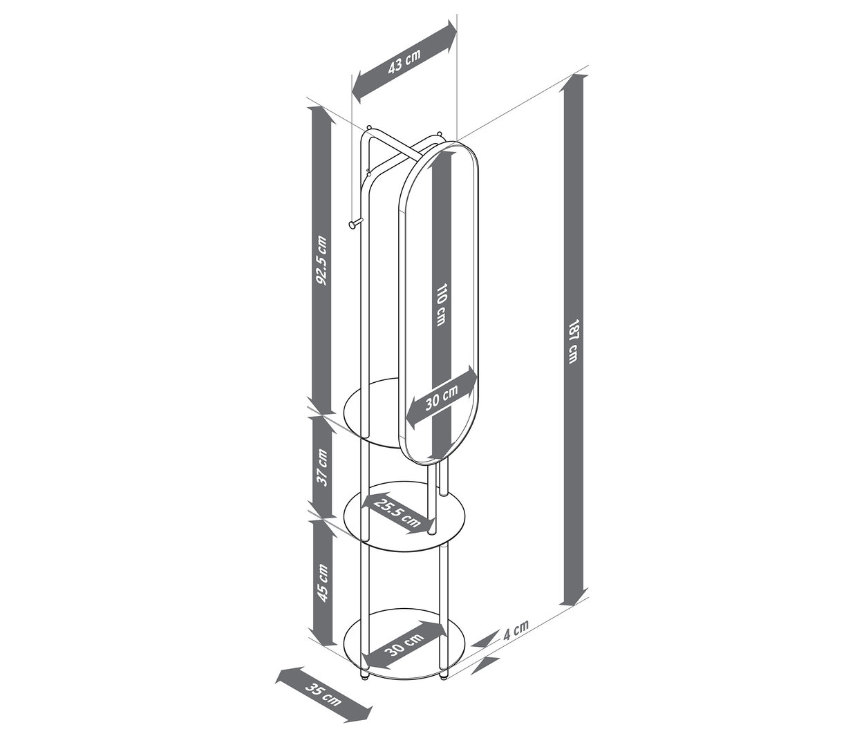 Widok z góry na wieszak na ubrania z dużym lustrem i wymiarami.