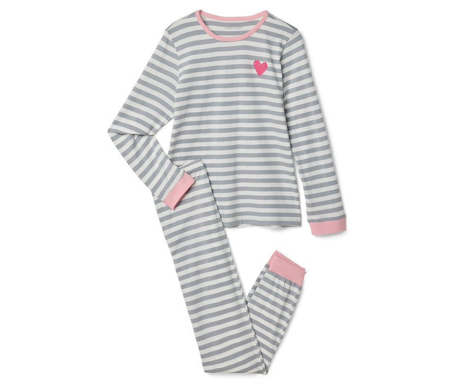 Dwuczęściowa piżama w paski z różowym sercem na górze i różowymi mankietami.
