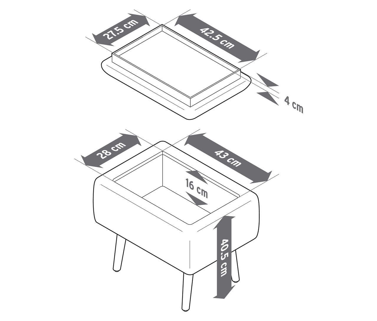 Widok z góry i z boku stołka z miejscem do przechowywania z wymiarami.