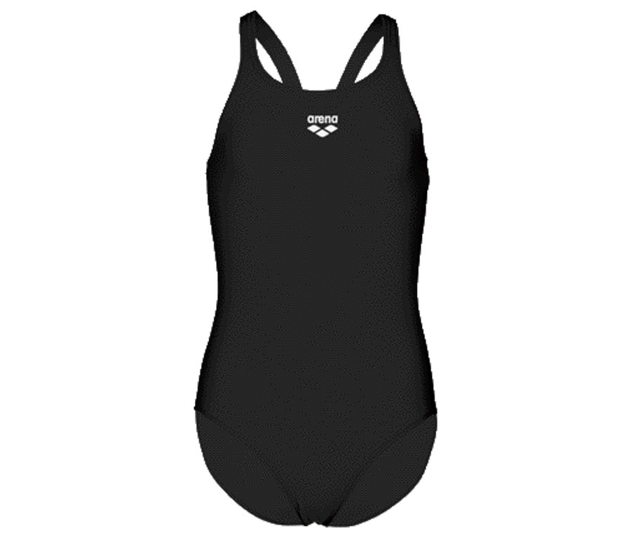 Czarny strój kąpielowy Arena z ramiączkami i logo Arena z przodu.