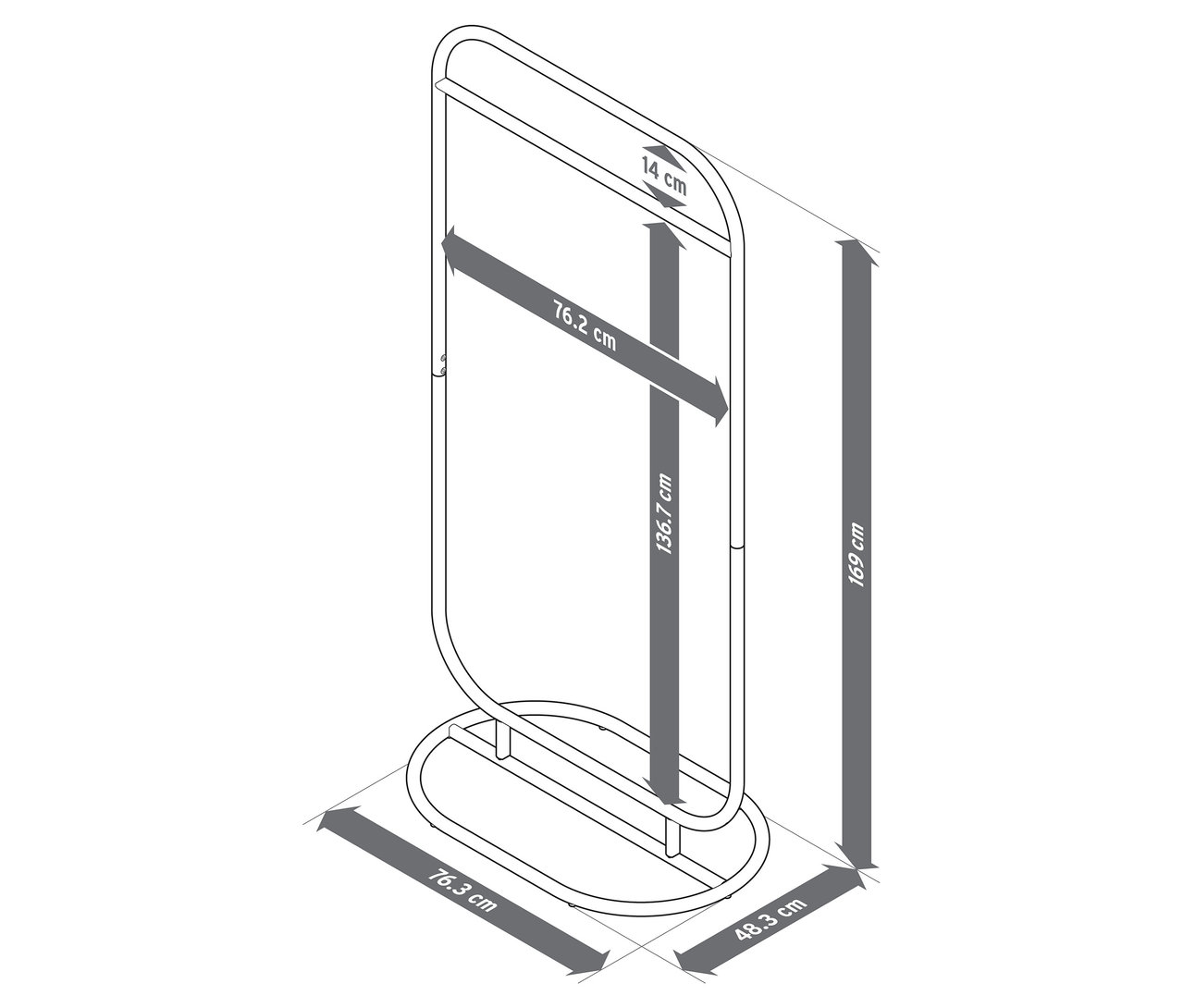 Zdjęcie przedstawia wolnostojący wieszak na ubrania z podanymi wymiarami.
