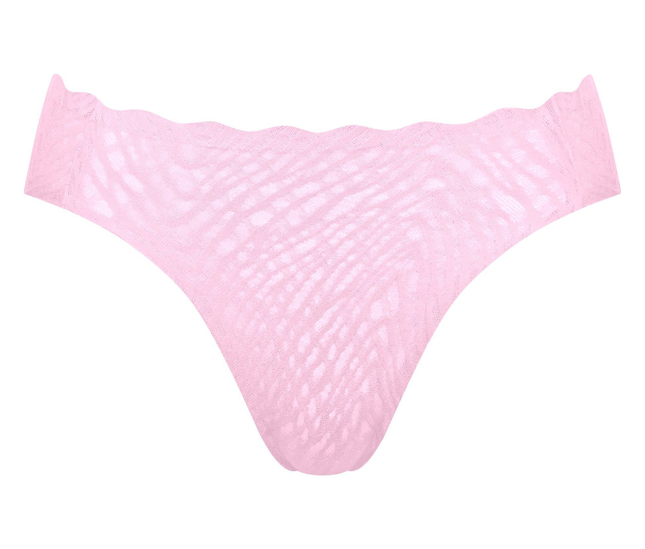 Zbliżenie pojedynczych, jasno różowych damskich majtek z falistym pasem na białym tle.