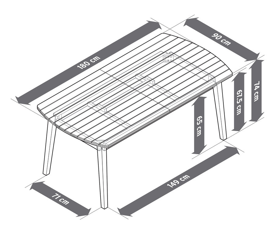 Widok z góry na rozkładany stół ogrodowy z zaokrąglonymi frontami, ok. 180-240 cm, z wymiarami.
