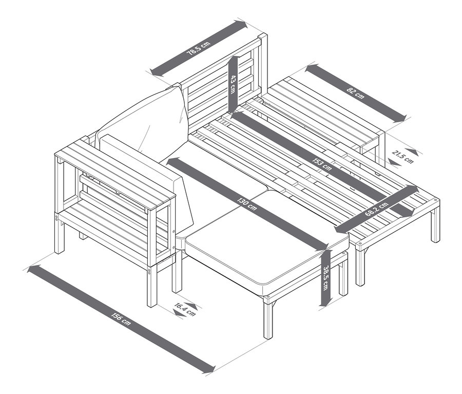Zdjęcie sofy ogrodowej z oddzielnie wysuwanymi podnóżkami i wymiarami.