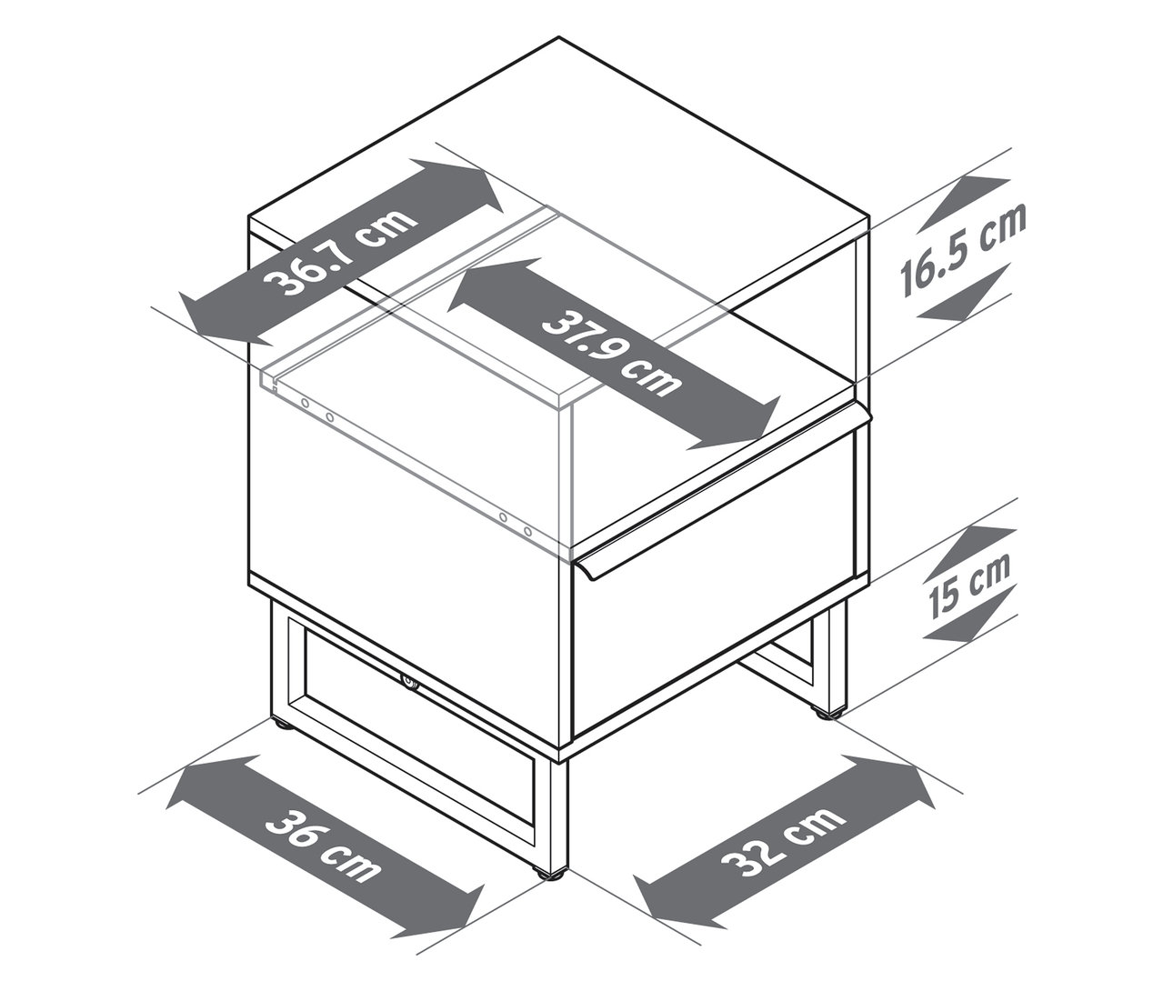 Rzut z góry na rysunek techniczną szafki nocnej „LEEG” z szufladą z wymiarami.