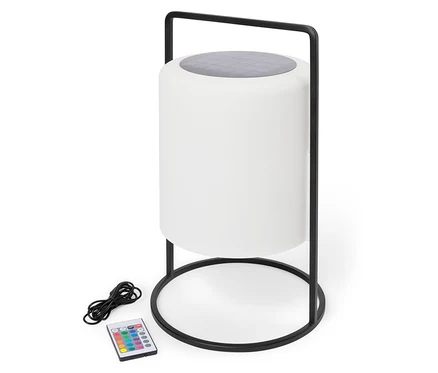 Biała cylindryczna lampa z czarną ramą, kablem i pilotem.