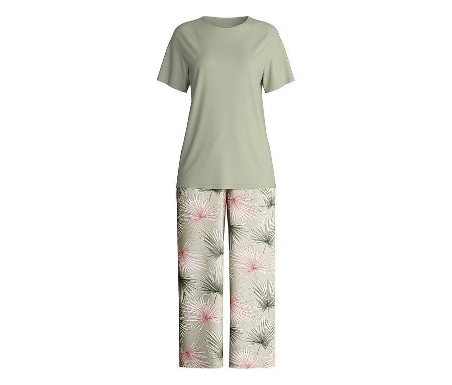 Piżama z nogawkami 7/8 Calida „Leaf Dreams” składa się z oliwkowego T-shirtu i długich spodni w palmy.