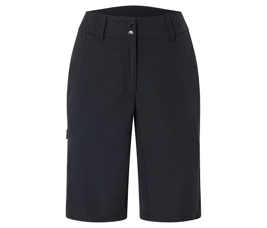 Granatowe szorty do kolan z dwoma guzikami w pasie.