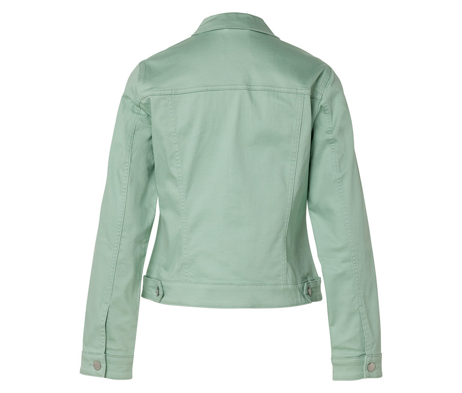 Widok z tyłu jasnozielonej kurtki zapinanej na guziki.