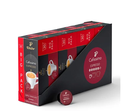 Czarno-czerwony stojak ze 120 kapsułkami Tchibo Cafissimo Espresso Intense Aroma, z jedną czerwoną kapsułką z przodu.