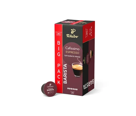 Opakowanie Cafissimo BARISTA Espresso - 30 kapsułek obok pojedynczej kapsułki.