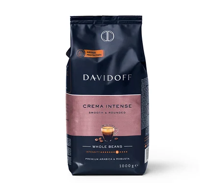 Ciemnoniebieskie i różowe opakowanie kawy ziarnistej DAVIDOFF CAFÉ Crema Intense (1 kg) z filiżanką espresso i ziarnami kawy, wskazujące na ochronę aromatu i intensywność 8/10.